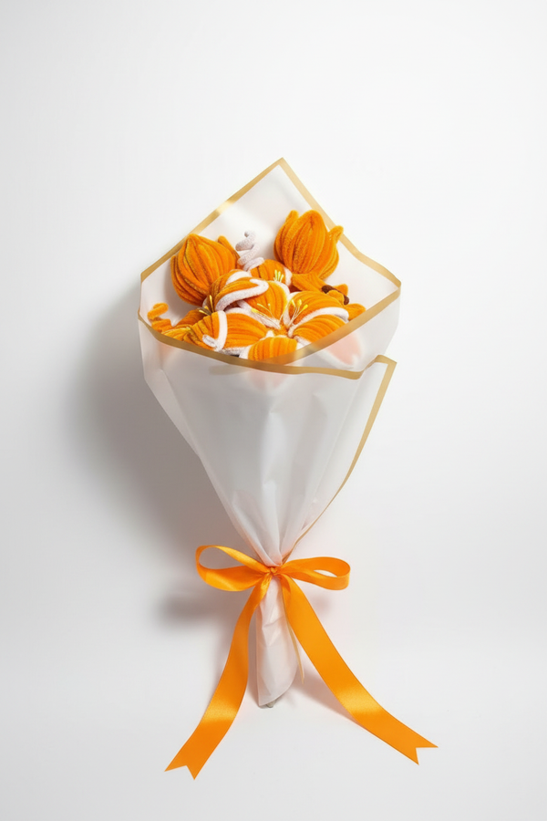 Bouquet en fil de chenille tressé à la main, nuances orange et blanc, ruban satin orange et emballage blanc à finitions dorées