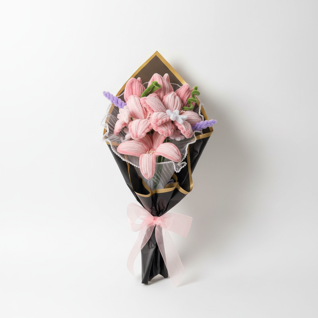 Bouquet de fleurs de lys éternelles tressé à la main en fil de chenille, parfumé, coloris violet, bleu ou rose